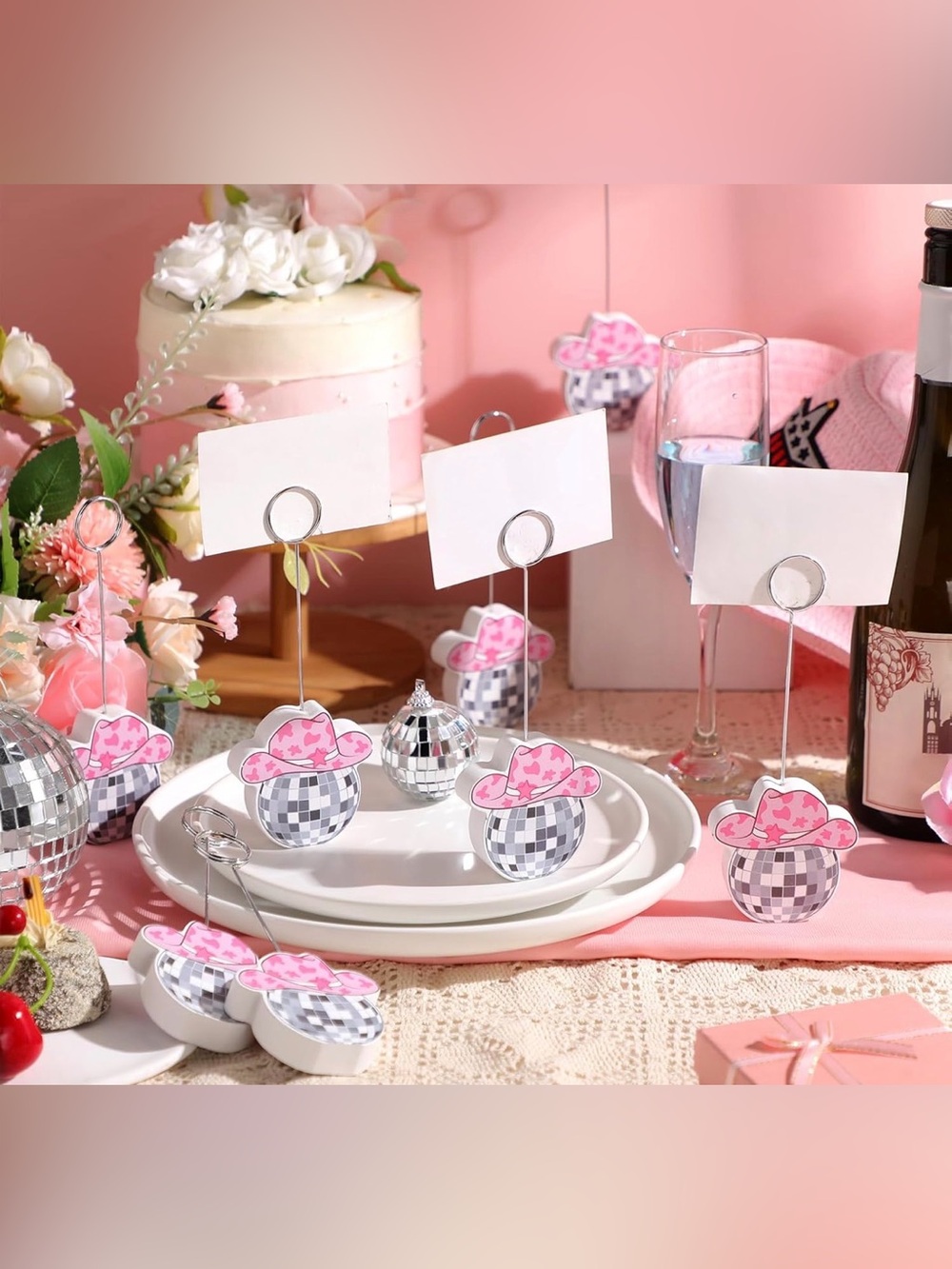 Pink Cowgirl Disco Ball Place Card Holders